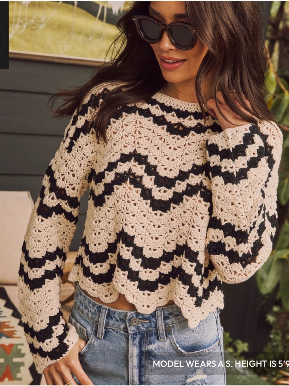 Vici Black & Cream Crochet Chevron Pullover